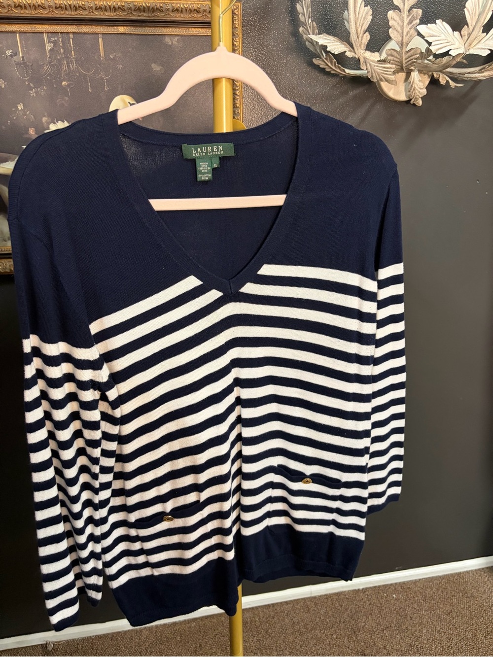 Ralph Lauren Navy and White Striped V-Neck Sweater